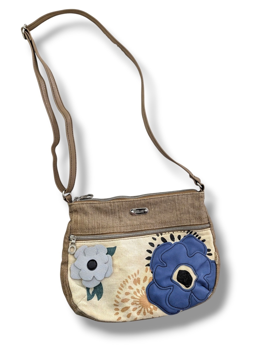 Relic Tan Crossbody Bag with Blue and Cream Floral Appliqué